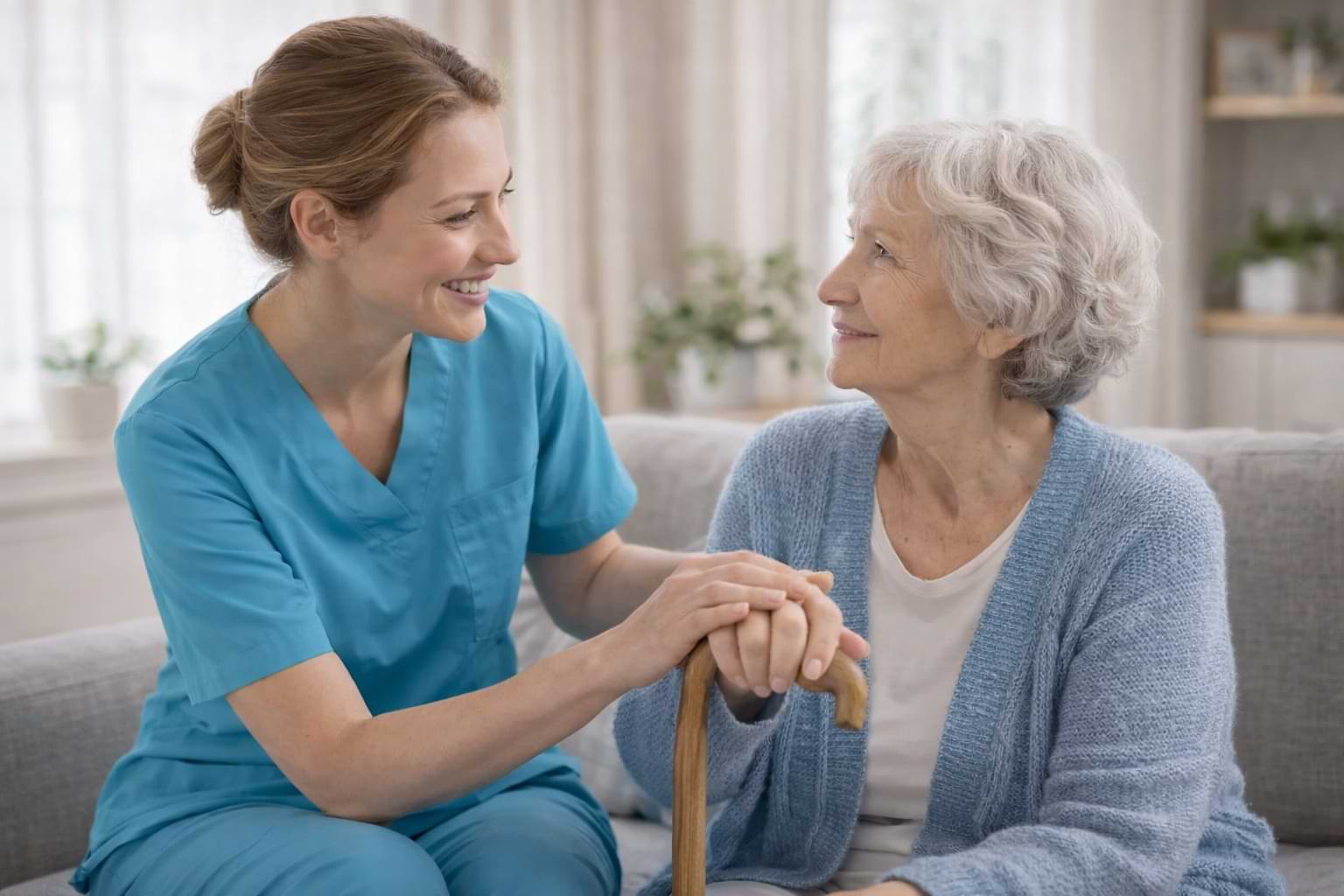 Female caregiver providing compassionate care to elderly female patient