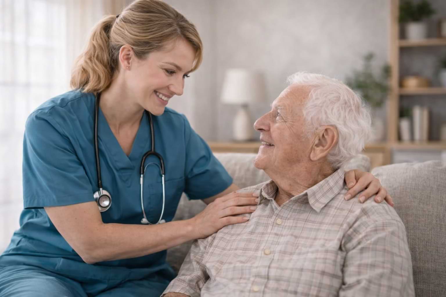 Female caregiver providing compassionate support to elderly male patient
